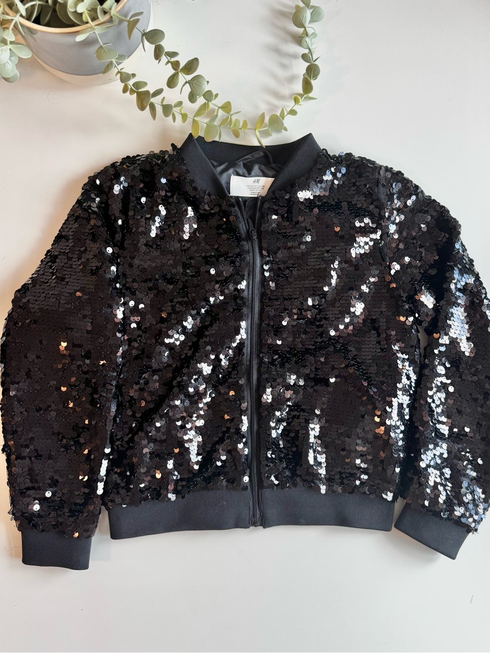 H&M Black Sequin Bomber Jacket Girls Size 7-8 Years Zip Front Party Jacket